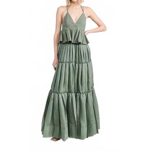 NEW SIMKHAI park tiered halter maxi dress in olive